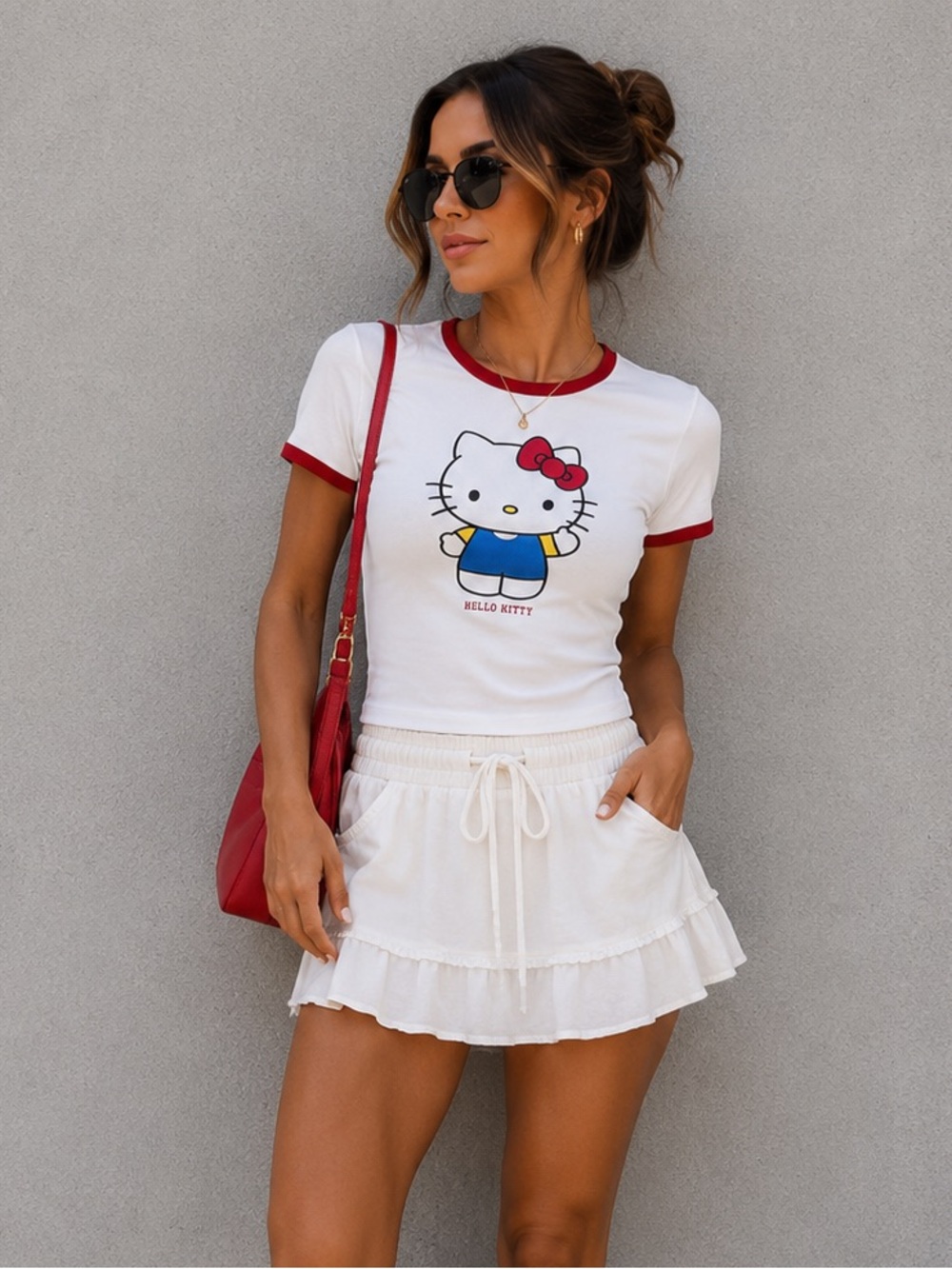 Hello Kitty White Tee with Red Trim and Blue Graphic